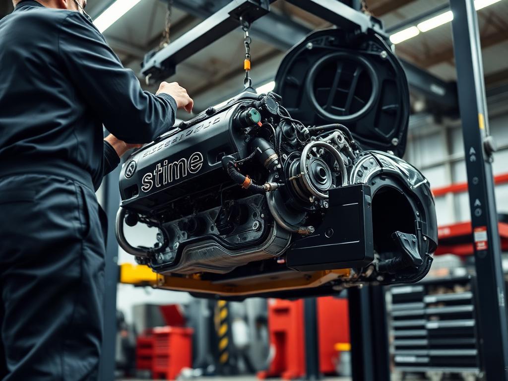 Mechanikas kelia variklį iš kėbulo MotoRitmas servise